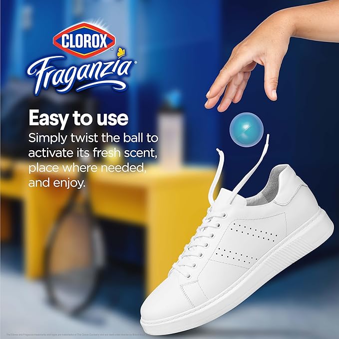 Clorox Fraganzia Deodorizing Balls for Shoes & Small Spaces, Battery-Free No-Plug Air Freshener Pods, Twist-to-Activate Odor Refresher for Gym Bags, Lockers & Drawers, Fresh Ocean Breeze, 6 Count