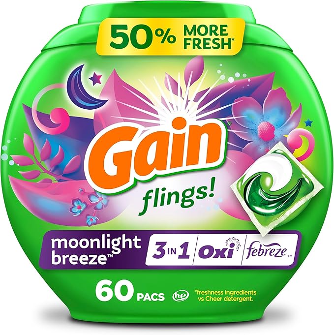Gain Flings Laundry Detergent Pacs, 60 Count, Moonlight Breeze Scent, with Odor Defense, concentrated laundry soap pacs