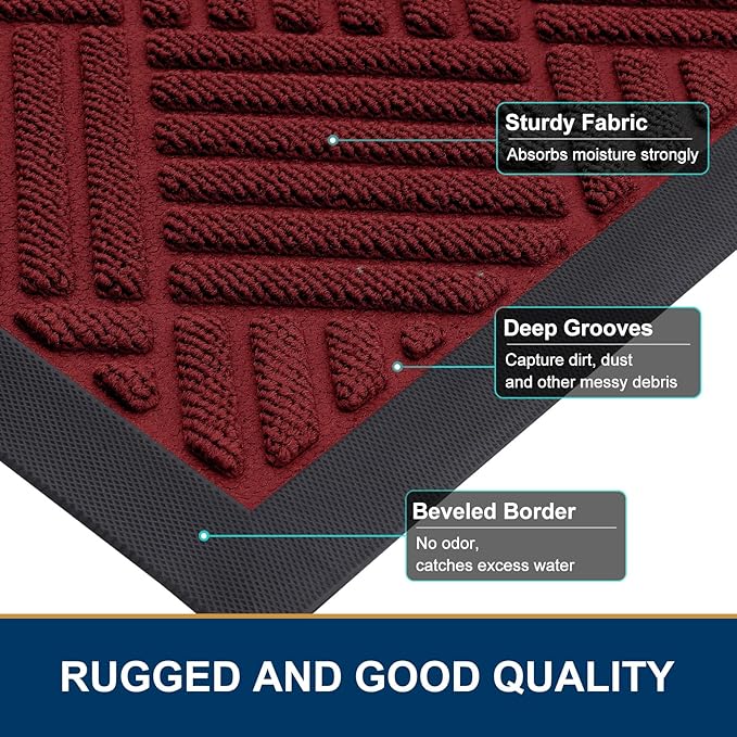 Smiry Front Door Mat Outside Entrance, Heavy Duty Outdoor Indoor Mat, Natural Rubber Doormat, Non Slip, Trap Dirt and Moisture, Easy Clean, Low Profile Patio Porch Entryway Mat, 47x23, Wine Red