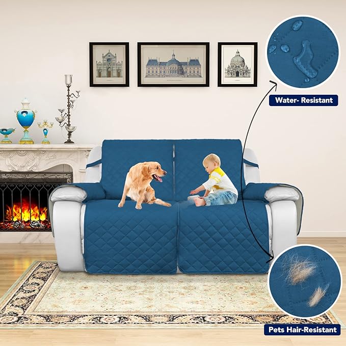 PureFit Water Resistant Reversible Sofa Covers for Reclining Sofa 2 Seat - Non Slip Split Recliner Couch Cover for Double Recliner, Washable Furniture Protector for Dogs (2 Seat, Peacock Blue/Beige)