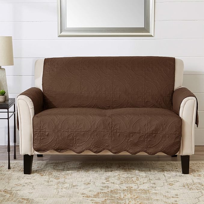 Great Bay Home Reversible Loveseat Cover - Washable Slipcover Furniture Protector with Elastic Straps - Couch Cover for Dogs, Kids, and Pets - Quilted & Stitched Detail (Loveseat, Chocolate/Taupe)