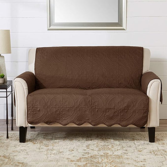 Great Bay Home Reversible Loveseat Cover - Washable Slipcover Furniture Protector with Elastic Straps - Couch Cover for Dogs, Kids, and Pets - Quilted & Stitched Detail (Loveseat, Chocolate/Taupe)