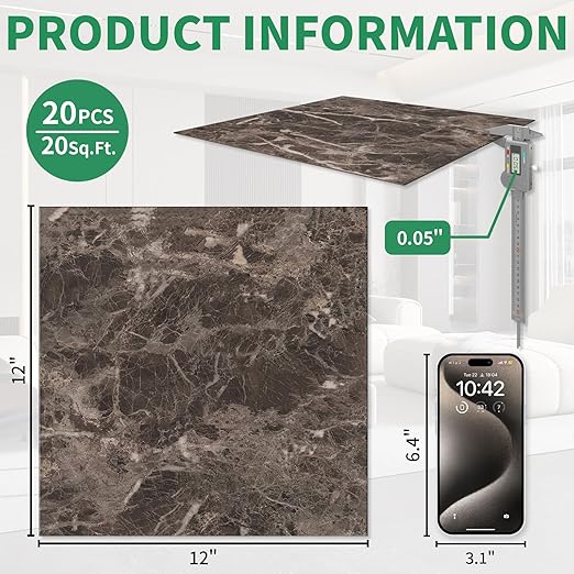 20 Pack Cover 20 Sq.Ft Peel and Stick Floor Tiles, 12” x 12” Self Adhesive Vinyl Flooring Easy DIY Installation for Kitchen, Living Room, Laundry, RV, Brown Vein Marble