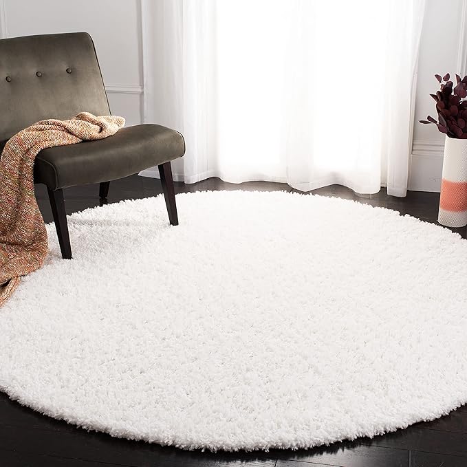 SAFAVIEH August Shag Collection 6'7" Round White AUG200A Solid Non-Shedding Living Room Bedroom Dining Room Entryway Plush 1.5-inch Thick Area Rug