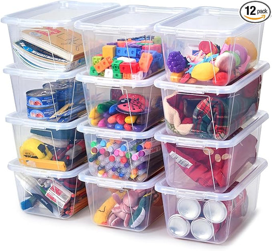 GAMENOTE 6 Quart Storage Bins with Lids,12 Pack Transparent Plastic Latching Box for Classroom & Kids Toy Storage,Clear Stackable Shoe Box Size Containers for STEM Morning Tubs, Crafts&Building Blocks