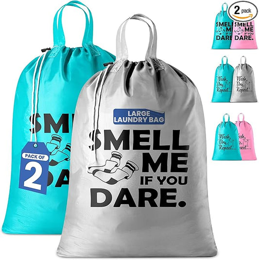 Extra Large Travel Laundry Bag - 2-Pack Fun Print Design Bags for Dirty Clothes - Durable Water-Resistant Fabric - Sturdy Drawstring Closure (Teal-Grey | Smell Me If You Dare)