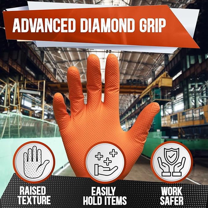 8 Mil Orange Nitrile Gloves Mechanic Grade, Oil & Chemical Resistant, Heavy-Duty Disposable for Auto Repair