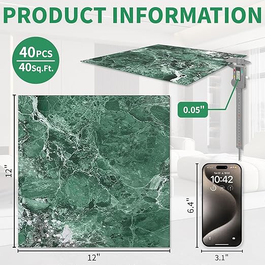 40 Pack Cover 40 Sq.Ft Peel and Stick Floor Tiles, 12” x 12” Self Adhesive Vinyl Flooring Easy DIY Installation for Kitchen, Living Room, Laundry, RV, Green Marble