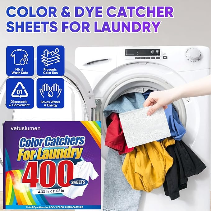 Veuslumen Color Catchers for Laundry - 400 Count Color Absorber Sheets Prevent Color Bleeding & Protect Colors, Lock in Dyes Allow Safe Mixed Washes for All Machines
