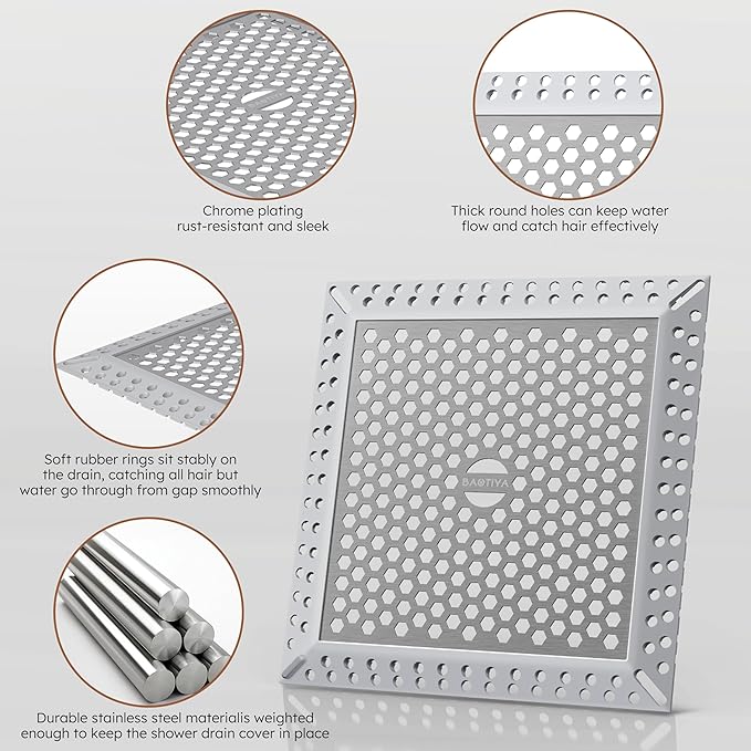 4 Inch Brushed Nickel Square Shower Drain Kit with Flange,Modern Floor Drain with Removable Quadrato Pattern Grate,Stainless Steel SUS 304
