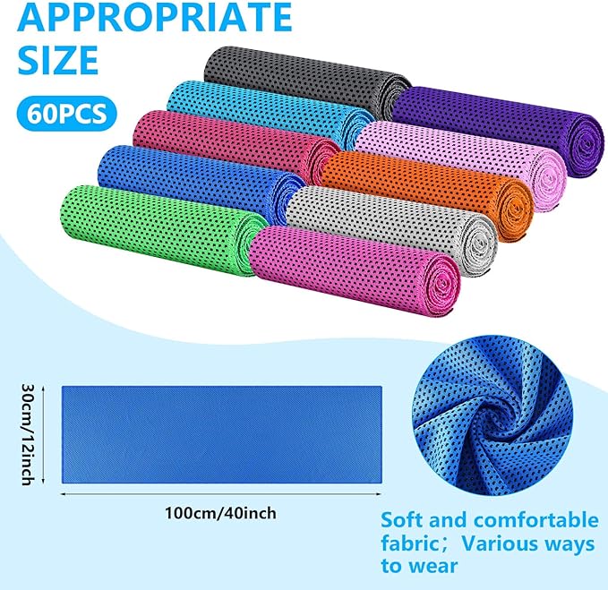 Shellwei 60 Pack Cooling Towels,40"x12" Ice Breathable Soft Chilly Sweat Rag Microfiber Workout Rags for Gym Cooling Towels for Neck and Face for Yoga Golf Sport Running (10 Colors)