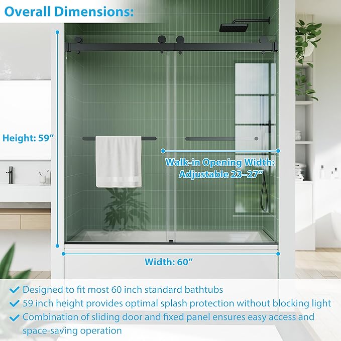 Bathtub Shower Door Glass Sliding 60 Inches,56-60" W x 59" H Frameless Dual Sliding Shower Glass Doors, 6mm Tempered Glass with Stainless Steel Square Rail for Modern Bathroom Matte Black