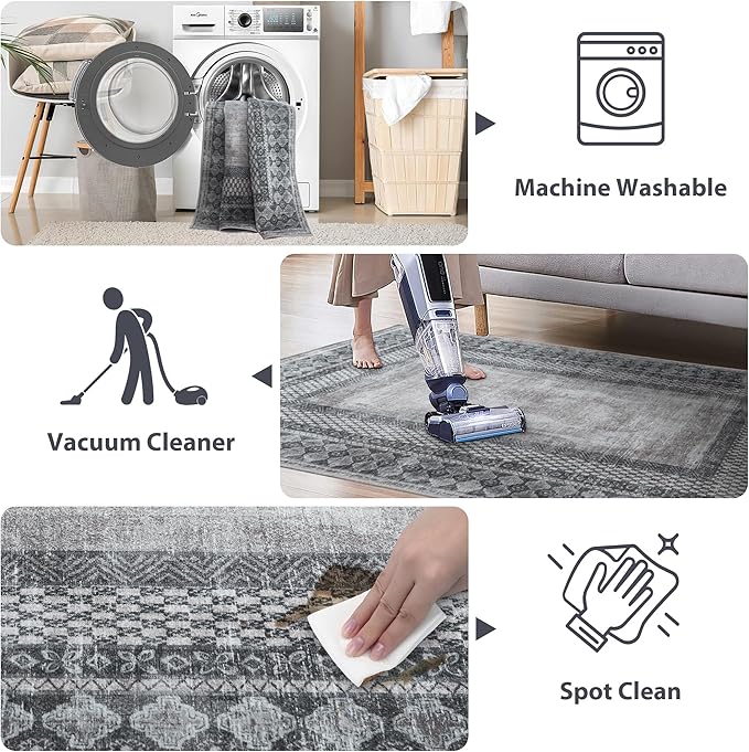 NICETOWN Living Room Rugs 5x8, Thin Washable Vintage Non-Slip Area Rugs for Bedroom, Durable Soft for Dining Room Living Room Laundry, Grey
