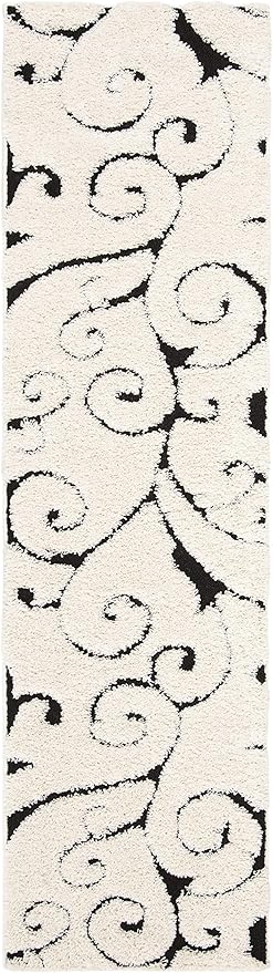 SAFAVIEH Florida Shag Collection Runner Rug - 2'3" x 8', Ivory & Black, Scroll Design, Non-Shedding & Easy to Clean, High-Low Plush Pile, Ideal for Bedroom, Foyer, Hallway (SG455-1290)