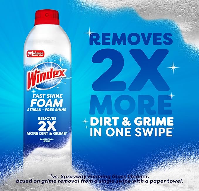Windex Fast Shine Foam Glass Cleaner Supplies, No-Drip Window & Mirror Aerosol Spray, Streak-Free, Removes Fingerprints, Dust, & Dirt, 19 oz (Pack of 6)