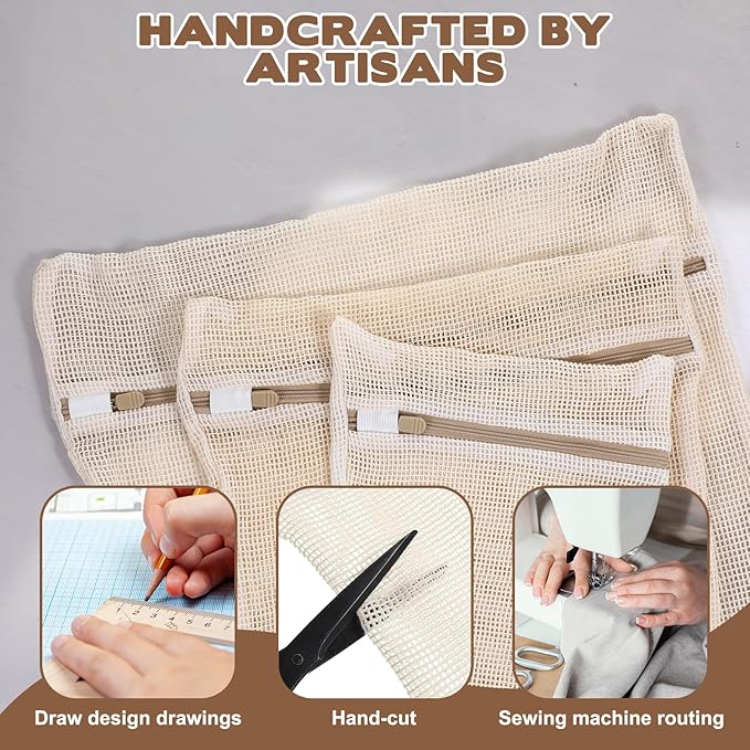 3 Pcs Cotton Mesh Laundry Bag, Sturdy Zipper Lingerie Bags for Washing Delicates, Breathable Durable Cotton Garment Bag for Washing Machine Lingerie Clothes Pants Shoes & Socks
