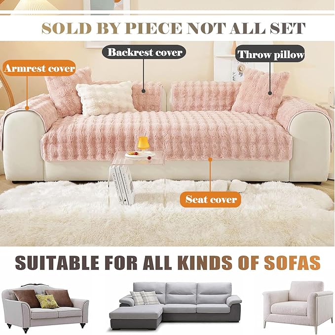Soft Warm Faux Fur Couch Sofa Cover Thick Shaggy Fuzzy Sectional Couch Cover Non-Slip Solid Color Plush Sofa Slipcover Furniture Protector for Kids, Pets (Pink,36"x63")