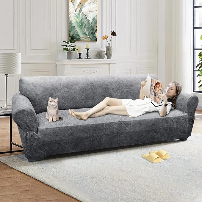 Oversized Sofa Slipcover Leather Look Couch Cover for 4 Seater Sofa 1-Piece Sofa Cover Stretch Furniture Protector with Elastic Bottom & Pockets(XL Sofa, Light Grey)