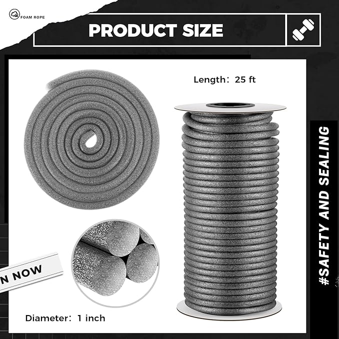 1 Inch x 25 ft Foam Backer Rod for Gaps Joints Concrete Crack Filler Caulk Saver Bulk Foam Backing Rod Concrete Filler Rope for Weather Stripping Door Seal(Gray)