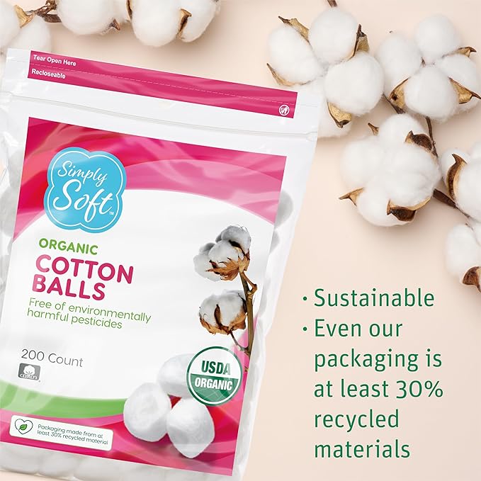 Simply Soft Premium Organic Cotton Balls, 600 Count (3 Bags) 100% Pure Cotton, Certified, Hypoallergenic, Large, Soft & Absorbent for Beauty, Cosmetics, Skin Care, Lint Free