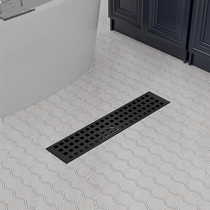 Linear Shower Drain 12 Inch, Modern Rectangle Shower Floor Drain with Removable Quadrato Pattern Grate, Stainless Steel SUS 304, Linear Drain with Leveling Feet& Hair Strainer