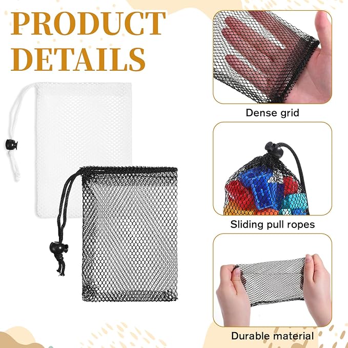 TIESOME 10 Pcs Mesh Drawstring Bags, 6" x 4" (15×10cm) Small Mesh Bag With Cord Lock Closure, Durable Breathable Net Bags For Laundry, Travel, Beach Toys, Seashell Collecting (Black, White)