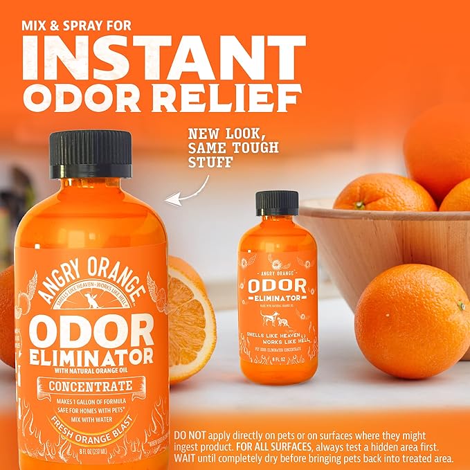 ANGRY ORANGE Pet Urine Odor Eliminator - Pack of 2 Citrus Deodorizers for Strong Dog or Cat Urine Smells on Carpet, Furniture & Floors - 24 oz Spray & 8 oz Concentrate - Puppy Supplies