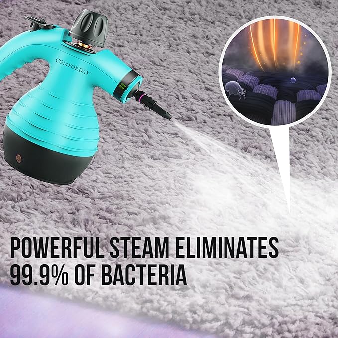 Comforday Multi-Purpose Handheld Pressurized Steam Cleaner with 9-Piece Accessories, Handheld Steamer Perfect for Stain Removal, Curtains, Car Seats, Floor, Bathroom, Window Cleaning (Light blue)