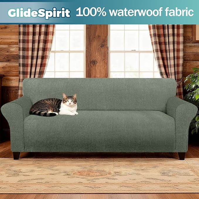 Waterproof Couch Cover, Stretch Non-Slip Sofa Slipcover with Elastic Bottom That Stays in Place - Leakproof Furniture Protector for Kids and Pets - Washable (Sofa, Green)