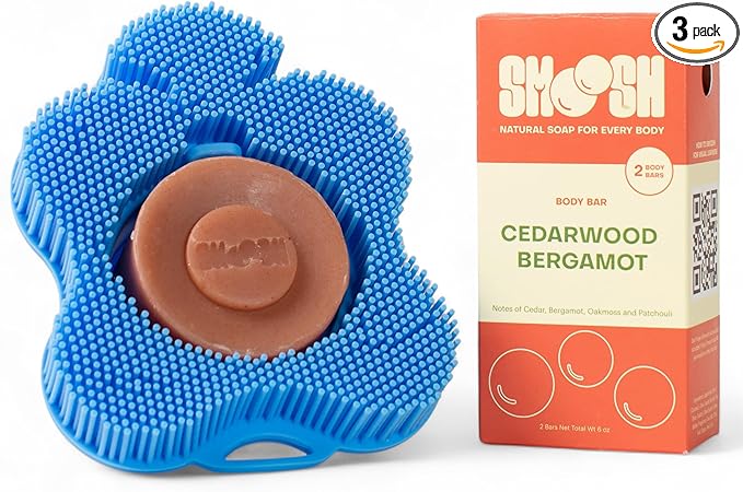 Smoosh® Body Scrubber, Blue & 2-Count Bar Soap, Cedarwood Bergamot - Silicone Body Scrubber with Embedded Bar Soap for Shower Exfoliation and Cleansing