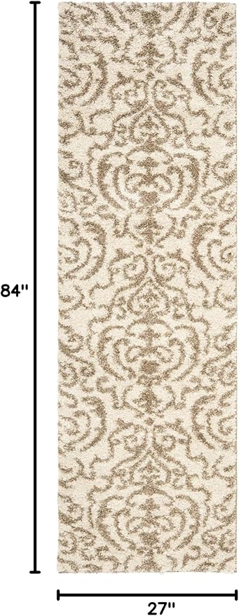 SAFAVIEH Florida Shag Collection Runner Rug - 2'3" x 7', Cream & Beige, Damask Design, Non-Shedding & Easy Care, 1.2-inch Thick Ideal for High Traffic Areas in Living Room, Bedroom (SG462-1113)