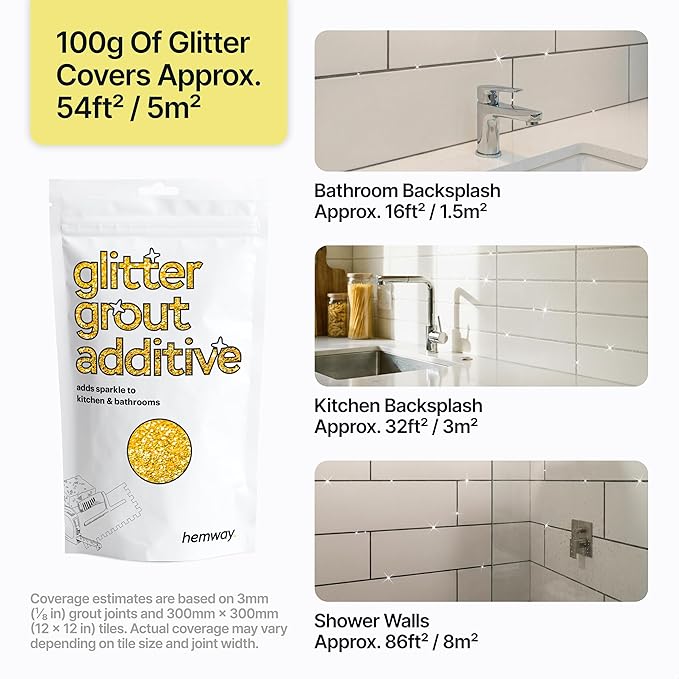 Hemway Gold Glitter Grout Additive 100g Metallic Flakes for Adding Sparkle to Kitchen & Bathroom Tiles | Enhance Your Indoor Grouting Projects with a Durable Sparkly Effect