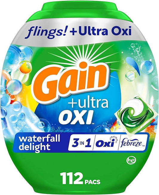 Gain Flings Ultra Oxi Laundry Detergent Pacs, 112 Count, Waterfall Delight Scent, with Odor Defense, concentrated laundry soap pacs