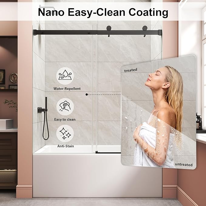 Frameless Bathtub Shower Door, Tub Sliding Door with Nano Coating & Safety Film, 1/4" (6mm) SGCC Tempered Glass，Adjustable 55"-60" W x 60" H, Matte Black