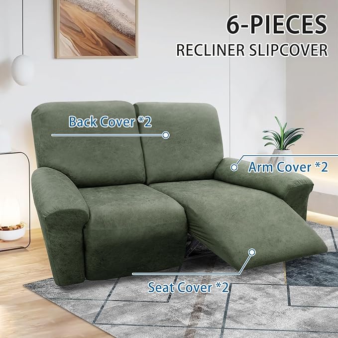 Loveseat Covers 6-Pieces Loveseat Recliner Cover 2 Seater Cover for Reclining Loveseat Cover Leather Look Recliner Slipcovers with Pocket Spandex Furniture Cover(Recliner Loveseat, Army Green)