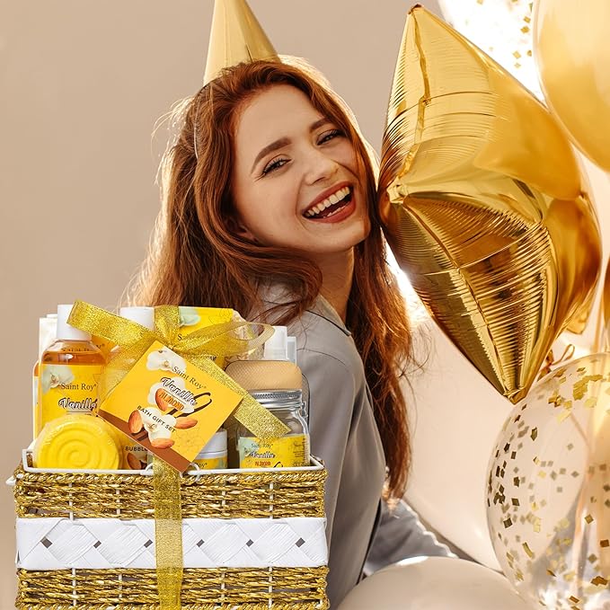 Large basket 25 pcs for Women & Men Gifts, Vanilla Honey & Almond Bath & Body Gift Basket, Face Skin Care Kit, Home Spa Gift Set, Self-Care Kit, Necklace, Birthday, Christmas, Mother Day, Anniversary