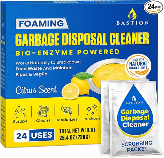 Bastion Garbage Disposal Cleaner and Deodorizer - 24-Count (1-Year Supply) Foaming Lemon Scented Kitchen Sink Freshener Pods & Drain Odor Eliminator Disposer Care