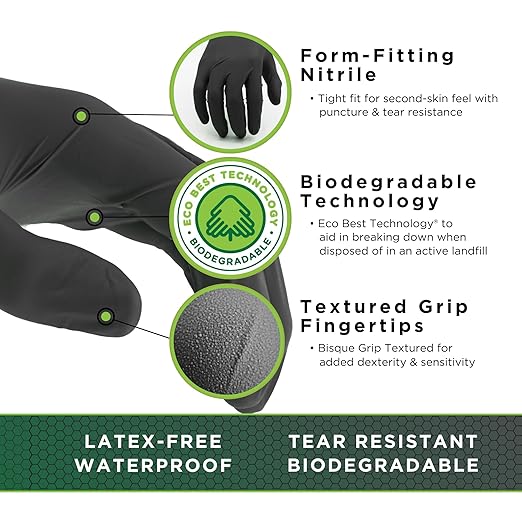 SHOWA 6112PF Sustainable EBT Latex-Free, Powder-Free, Nitrile Disposable Single Use Safety Gloves, 4 Mil, 9.5" Length, Black, X-Large, (1 Box/100 Gloves)