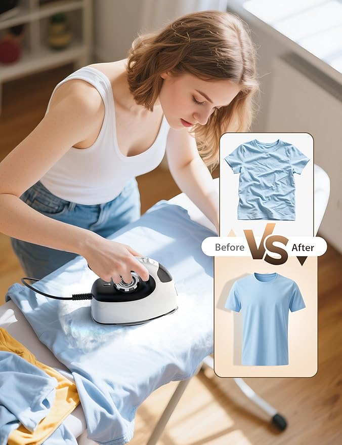 Sundu Small Steam Iron for Clothes, 1000W Travel Iron Portable with Silver Non-Stick Soleplate, 300 Microsteam Holes & 90ml Tank, Lockable Base for Quilting & Sewing (Silver)