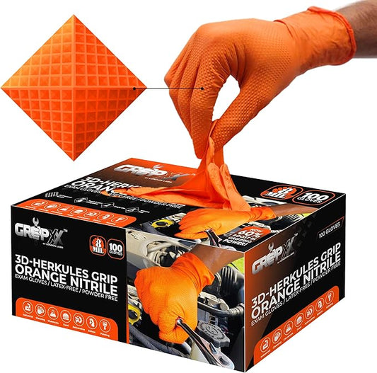 Herkules Grip Heavy Duty 8Mil Orange Nitrile Gloves,3D Raised Diamond Texture-Latex & Powder Free-Industrial, Mechanic (1, Medium)