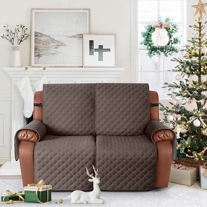 Ruaozz Waterproof Recliner Sofa Covers, 1-Piece Couch Covers for Reclining Couches Reclining Couch Cover Washable Furniture Protector with Elastic Straps Pocket for Kids Pets (Brown, XL 2 Seater)