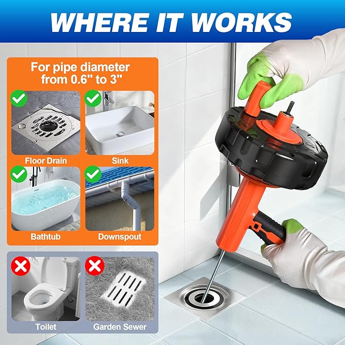 Auto Feed Drain Auger with Gloves, 33 Ft Drain Snake Hair Clog Remover, Heavy Duty Plumbing Snake Drain Clog Remover for Bathroom Sink, Bathtub Drain, Shower Cleaning