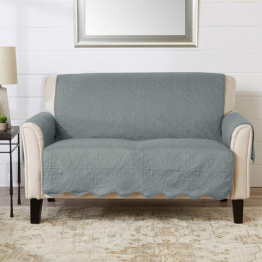 Great Bay Home Reversible Loveseat Cover - Washable Slipcover Furniture Protector with Elastic Straps - Couch Cover for Dogs, Kids, and Pets - Quilted & Stitched Detail (Loveseat, Mirage Gray/Flax)