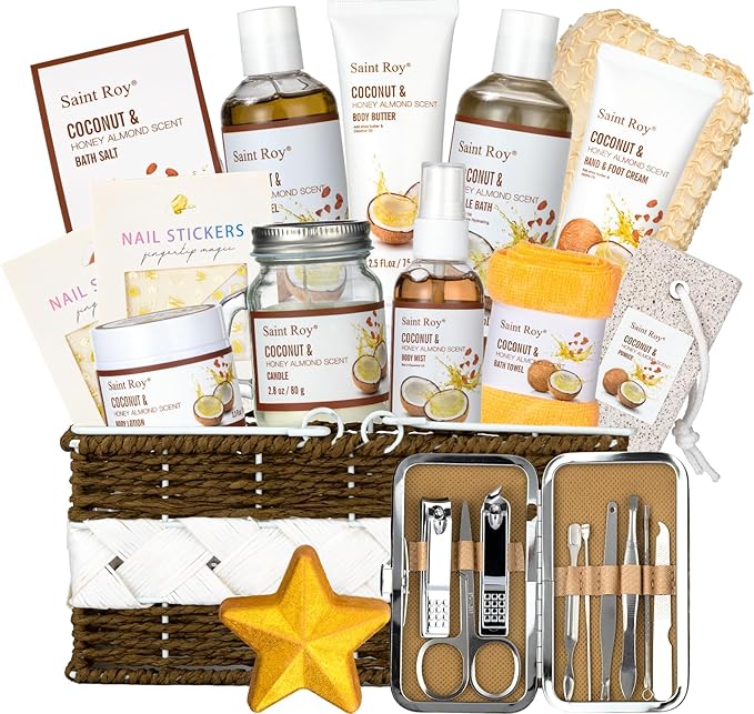26 Pcs Coconut Honey Almond Spa Gift Basket for Women & Men Spa Gift Basket Luxury Bath and Body Basket Set, Large Luxury Home Spa Kit, Relaxing Self Care Pamper Gifts Birthday Bridal Shower