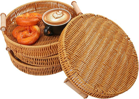 4 Pack 10.8 inch Round Rattan Tray, Round Woven Serving Basket with Handles, Storage Rattan Serving Trays for Home, Restaurant & Hotel Use, Durable & Easy-Cleaning