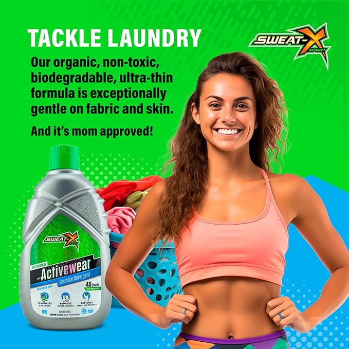 SWEAT X Original Activewear Laundry Detergent Liquid - Natural Washing Detergent for Activewear & Gym Clothes - Non Toxic Laundry Detergent for Sensitive Skin - Concentrated, 45 Loads (4 Bottles)