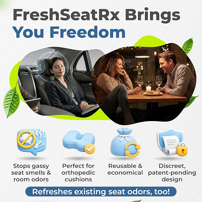FreshSeatRx 4-Discreet Odor Removal Seat Pads. Orthopedic Seat Cushion Pads Prevent Gassy Seat & Room Air Odors. Use Home, Office, Car, Flight, Any Seating. Activated Charcoal & Carbon Gas Pad FS-4