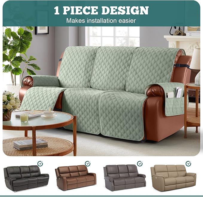Ruaozz Waterproof Recliner Sofa Covers, 1-Piece Couch Covers for Reclining Couches Reclining Couch Cover Washable Furniture Protector with Elastic Straps Pocket for Kids Pets (Sage Green, 3 Seater)