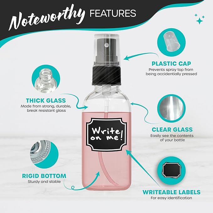 Nevlers 2 Oz Dropper & Spray Clear Glass Bottles w/Funnels, Cleaning Brushes, Label Stickers & Markers Bundle