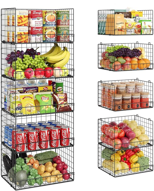 5 Pack Stackable Wire Baskets for Pantry Organizers and Storage, Large Pantry Baskets for Snack Organizer, Foldable Metal Storage Bins for Organizing Snack Can Fruit Vegetable & Toy